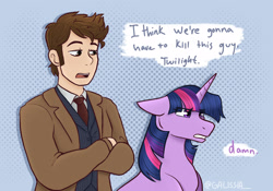 Size: 2048x1435 | Tagged: safe, artist:galissiax, twilight sparkle, human, pony, unicorn, g4, crossed arms, crossover, dialogue, doctor who, eye clipping through hair, female, i think we're gonna have to kill this guy, mare, meme, open mouth, tenth doctor, unicorn twilight