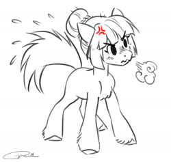 Size: 1998x1892 | Tagged: safe, artist:opalacorn, oc, oc only, earth pony, pony, angry, behaving like a cat, breath, chest fluff, commission, cross-popping veins, cute, ears back, emanata, female, frown, furrowed brow, grayscale, madorable, mare, monochrome, partial color, simple background, solo, wavy mouth, white background