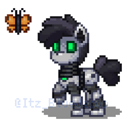 Size: 640x640 | Tagged: safe, edit, oc, oc only, oc:horsepower, butterfly, pony, robot, robot pony, pony town, curious, looking up, metal, simple background, solo, transparent background