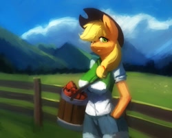 Size: 1259x1013 | Tagged: safe, artist:idlyadonte, applejack, earth pony, anthro, g4, apple, breasts, bucket, busty applejack, clothes, equestria girls outfit, female, fence, food, looking at you, mare, scenery, smiling, smiling at you, solo