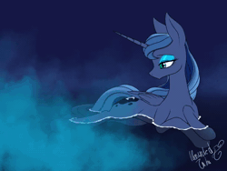 Size: 640x480 | Tagged: safe, artist:hauntedtuba, princess luna, alicorn, pony, g4, animated, blinking, cute, eye shimmer, eyeshadow, female, lidded eyes, lunabetes, lying down, makeup, mare, missing accessory, no sound, partially submerged, prone, signature, slender, solo, thin, water, water droplet, webm