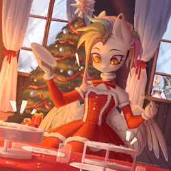 Size: 3000x3000 | Tagged: safe, artist:avroras_world, oc, oc only, pegasus, unicorn, anthro, christmas, christmas outfit, christmas tree, clothes, detached sleeves, dress, emanata, exclamation point, female, fork, frown, high res, holiday, looking through the window, mare, multicolored hair, non-pony oc, plate, present, rainbow hair, solo focus, tree, window