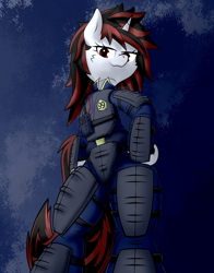 Size: 1060x1350 | Tagged: artist needed, source needed, safe, oc, oc:blackjack, pony, unicorn, semi-anthro, fallout equestria, fallout equestria: project horizons, cheek fluff, eyes open, fanfic art, female, mare, red eyes, solo
