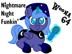 Size: 960x715 | Tagged: safe, artist:theunidentifiedchangeling, edit, editor:elinafan17, princess luna, oc, oc:woon64, alicorn, pony, colored, female, filly, foal, friday night funkin', hat, horn, levitation, looking at you, lying down, magic, microphone, prone, simple background, smiling, solo, telekinesis, white background, wings, woona, young luna, younger
