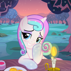 Size: 2000x2000 | Tagged: safe, artist:lovinglypromise, oc, oc only, oc:lovely promise, pony, apple, apple tree, candle, candlelight, date, date night, dinner, female, flirting, looking at you, not flurry heart, offspring, parent:princess cadance, parent:shining armor, parents:shiningcadance, seductive look, seductive pose, smiling, smiling at you, snow, snowflake, solo, sunset, sweet apple acres, tree