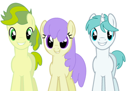 Size: 1468x1052 | Tagged: safe, artist:obriannakenobi, apple bud, cream puff, kevin, earth pony, pony, unicorn, g4, base used, budbetes, creambetes, cute, disguise, disguised changeling, female, kevinbetes, male, mare, older, older apple bud, older cream puff, simple background, stallion, trio, white background