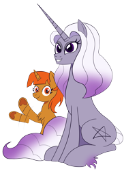Size: 1638x2253 | Tagged: safe, artist:feralroku, derpibooru exclusive, oc, oc only, oc:sugar maple, oc:umbra, unicorn, 2024 community collab, derpibooru community collaboration, duo, female, irc, looking at you, mare, simple background, sitting, smiling, transparent background, waving
