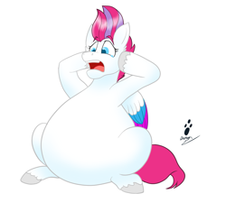 Size: 1715x1545 | Tagged: safe, artist:duragan, zipp storm, pegasus, pony, g5, my little pony: a new generation, belly, big belly, bloated, bottom heavy, fat, female, implied weight gain, mare, obese, open mouth, round belly, shock, shocked, shocked expression, simple background, solo, teary eyes, weight gain, white background, zipp is a marshmallow, zipp slob