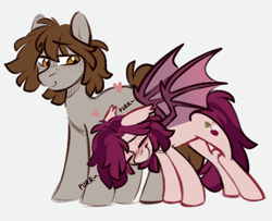 Size: 1064x866 | Tagged: safe, artist:crimmharmony, oc, oc only, oc:crimm harmony, oc:stitched laces, bat pony, earth pony, pony, behaving like a cat, blushing, eyes closed, female, freckles, heart, male, mare, oc x oc, purring, shipping, simple background, size difference, spread wings, stallion, stimony, straight, white background, wings
