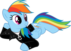 Size: 1600x1155 | Tagged: safe, artist:iamaveryrealperson, edit, vector edit, rainbow dash, pegasus, pony, g4, 2021, clothes, female, folded wings, jacket, leather, leather jacket, looking at someone, looking at something, lying down, mare, ms paint, simple background, smiling, solo, transparent background, vector, wings, zipper