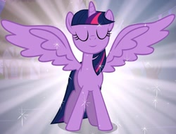 Size: 981x744 | Tagged: safe, edit, edited screencap, editor:twilyisbestpone, screencap, twilight sparkle, alicorn, pony, g4, magical mystery cure, season 3, beautiful, cropped, eyes closed, female, inverted mouth, large wings, majestic, mare, night, smiling, solo, spread wings, twilight sparkle (alicorn), wings