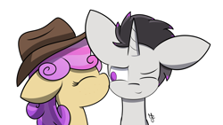 Size: 5120x2880 | Tagged: safe, artist:japkozjad, oc, oc only, oc:haze rad, oc:quickdraw, pony, big ears, cheek kiss, hat, kissing, simple background, white background