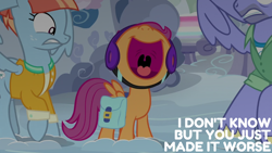 Size: 2000x1125 | Tagged: safe, edit, edited screencap, screencap, bow hothoof, scootaloo, windy whistles, pegasus, pony, g4, parental glideance, bag, female, filly, foal, helmet, male, mare, saddle bag, screaming, stallion, trio