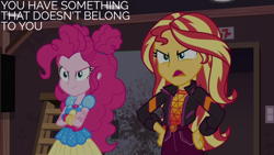 Size: 1920x1080 | Tagged: safe, edit, edited screencap, editor:quoterific, screencap, pinkie pie, sunset shimmer, equestria girls, equestria girls specials, g4, my little pony equestria girls: better together, my little pony equestria girls: sunset's backstage pass, dialogue, duo, duo female, female, geode of empathy, geode of sugar bombs, magical geodes, music festival outfit