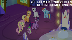 Size: 2000x1125 | Tagged: safe, edit, edited screencap, editor:quoterific, screencap, applejack, fluttershy, rainbow dash, rarity, spike, twilight sparkle, alicorn, dragon, earth pony, pegasus, pony, unicorn, g4, the one where pinkie pie knows, cutie map, female, male, mare, twilight sparkle (alicorn), twilight's castle