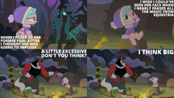 Size: 2000x1125 | Tagged: safe, edit, edited screencap, editor:quoterific, screencap, cozy glow, lord tirek, queen chrysalis, frenemies (episode), g4, campfire, chair, fire, forest, nature, tree stump