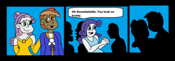Size: 1062x374 | Tagged: safe, artist:mojo1985, button mash, rarity, sweetie belle, human, equestria girls, g4, beauty and the beast, belle, belle sisters, clothes, comic, dancing, dress, female, gown, humanized, looking at each other, looking at someone, male, namesake, open mouth, open smile, proud, pun, shadow, ship:sweetiemash, shipping, siblings, sisters, smiling, smiling at each other, story included, straight, suit, visual pun, waltz