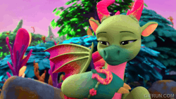 Size: 600x338 | Tagged: safe, edit, edited screencap, screencap, leaf (g5), dragon, g5, my little pony: make your mark, my little pony: make your mark chapter 6, the isle of scaly, spoiler:g5, spoiler:my little pony: make your mark, spoiler:my little pony: make your mark chapter 6, spoiler:mymc06e01, animated, gif, male, sniffing, the isle of scaly (location)