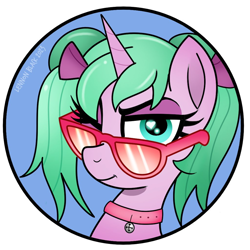 Size: 1024x1024 | Tagged: safe, artist:lennonblack, oc, oc only, oc:magicalmysticva, unicorn, bell, bell collar, bow, collar, female, hair bow, pigtails, pink body, simple background, solo, sunglasses, teal mane, twintails, white background