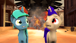 Size: 1920x1080 | Tagged: safe, artist:bronydj, oc, oc:enigan, oc:sinecrass, alicorn, pony, unicorn, 3d, explosion, fire, smoke, source filmmaker, ufo, western