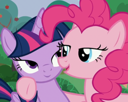 Size: 534x428 | Tagged: safe, edit, edited screencap, editor:twilyisbestpone, screencap, pinkie pie, twilight sparkle, alicorn, earth pony, pony, g4, season 5, the mane attraction, cropped, duo, duo female, female, inverted mouth, lidded eyes, mare, out of context, smiling, twilight sparkle (alicorn)