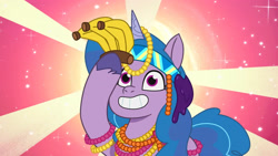 Size: 3072x1727 | Tagged: safe, screencap, izzy moonbow, pony, unicorn, g5, heavy is the mane that wears the fruit crown, my little pony: tell your tale, spoiler:g5, spoiler:my little pony: tell your tale, spoiler:tyts02e02, banana, female, food, grin, mare, smiling, solo