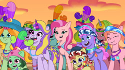 Size: 3072x1727 | Tagged: safe, screencap, bubbles (g5), dreamy (g5), galaxy star, ivy rose, ollie north, slide rule, strawberry blonde, strawberry supreme, sugarpuff lilac, earth pony, pegasus, pony, unicorn, g5, heavy is the mane that wears the fruit crown, my little pony: tell your tale, spoiler:g5, spoiler:my little pony: tell your tale, spoiler:tyts02e02, eyes closed, female, filly, foal, male, mare, open mouth, open smile, pennon (g5), smiling, stallion, unnamed character