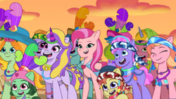 Size: 3072x1727 | Tagged: safe, screencap, bubbles (g5), dreamy (g5), fantastic shimmer, flowa queen, galaxy star, ollie north, slide rule, strawberry blonde, sugarpuff lilac, earth pony, pegasus, pony, unicorn, g5, heavy is the mane that wears the fruit crown, my little pony: tell your tale, spoiler:g5, spoiler:my little pony: tell your tale, spoiler:tyts02e02, brooch, cape, clothes, eyes closed, female, filly, foal, jewelry, male, mare, open mouth, open smile, pennon (g5), smiling, stallion, unnamed character