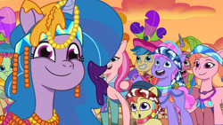 Size: 3072x1727 | Tagged: safe, screencap, bubbles (g5), ivy rose, izzy moonbow, ollie north, strawberry blonde, strawberry supreme, sugarpuff lilac, earth pony, pegasus, pony, unicorn, g5, heavy is the mane that wears the fruit crown, my little pony: tell your tale, spoiler:g5, spoiler:my little pony: tell your tale, spoiler:tyts02e02, :o, female, filly, foal, male, mare, open mouth, open smile, smiling, stallion, unnamed character