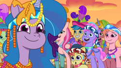 Size: 3072x1727 | Tagged: safe, screencap, bubbles (g5), fantastic shimmer, flowa queen, izzy moonbow, ollie north, strawberry blonde, sugarpuff lilac, earth pony, pegasus, pony, unicorn, g5, heavy is the mane that wears the fruit crown, my little pony: tell your tale, spoiler:g5, spoiler:my little pony: tell your tale, spoiler:tyts02e02, :o, female, filly, foal, male, mare, open mouth, open smile, smiling, stallion, unnamed character