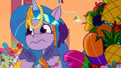 Size: 3072x1727 | Tagged: safe, screencap, clapboard snap, elderberry blossom, izzy moonbow, earth pony, pegasus, pony, unicorn, g5, heavy is the mane that wears the fruit crown, my little pony: tell your tale, spoiler:g5, spoiler:my little pony: tell your tale, spoiler:tyts02e02, female, male, mare, open mouth, open smile, smiling, stallion, wavy mouth, worried