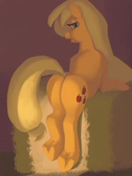 Size: 1344x1800 | Tagged: artist needed, source needed, safe, applejack, earth pony, pony, g4, applebutt, butt, featureless crotch, female, hay bale, looking back, mare, plot, rear view, solo, underhoof