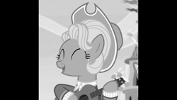 Size: 1280x720 | Tagged: safe, ai assisted, ai content, edit, edited screencap, screencap, applejack, earth pony, pony, g4, sparkle's seven, ai cover, ai voice, animated, apple chord, clothes, cropped, cute, eyes closed, female, guitar, jackabetes, monochrome, musical instrument, oasis, open mouth, rvc, sound, sound only, webm
