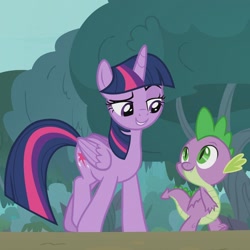Size: 1440x1440 | Tagged: safe, screencap, spike, twilight sparkle, alicorn, dragon, pony, g4, official, season 9, she talks to angel, duo, duo male and female, eyebrows, female, grin, looking at each other, looking at someone, male, mare, raised eyebrow, smiling, smiling at each other, twilight sparkle (alicorn), winged spike, wings