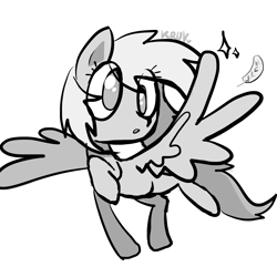 Size: 3937x3937 | Tagged: safe, artist:kruvvv, derpy hooves, pegasus, pony, g4, :o, black and white, cross-eyed, eye clipping through hair, feather, flying, grayscale, high res, looking at something, looking at wing, monochrome, open mouth, raised hoof, simple, simple background, sketch, solo, spread wings, white background, wings
