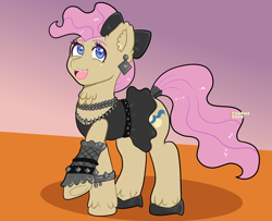 Size: 3200x2600 | Tagged: safe, artist:yumomochan, mayor mare, earth pony, g4, neigh anything, 80s mayor mare, bow, clothes, colored, dress, ear piercing, earring, female, flat colors, full body, hair bow, jewelry, mare, necklace, non-dyed mayor, piercing, pink mane, shoes, solo, standing, younger