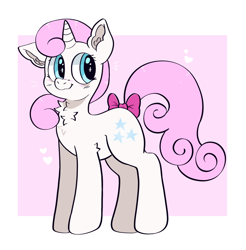 Size: 2080x2110 | Tagged: safe, artist:spookyfoxinc, twinkleshine, pony, unicorn, g4, adorableshine, blushing, bow, chest fluff, cute, female, mare, pink hair, simple background, smiling, solo, sparkles, tail, tail bow