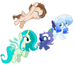 Size: 1946x1681 | Tagged: safe, artist:be_yourself, oc, oc only, oc:altersmay earth, oc:garden star, oc:moony nightly, unnamed oc, alicorn, pegasus, pony, 2024 community collab, derpibooru community collaboration, baby, baby pony, colored wings, colt, eyes closed, female, filly, flying, foal, glasses, grin, group, horn, looking at each other, looking at someone, male, mare, missing accessory, missing cutie mark, open mouth, planet ponies, ponified, simple background, smiling, transparent background, transparent wings, wings