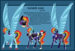 Size: 2048x1400 | Tagged: safe, artist:parrpitched, rainbow dash, oc, oc:rainbow dash(prisoners of the moon), pegasus, g4, concave belly, cuffs, fireheart76's latex suit design, large wings, latex, latex suit, prisoners of the moon, redesign, reference sheet, rubber, rubber suit, shadowbolts, slender, smiling, smirk, tail, tail wrap, thin, wings