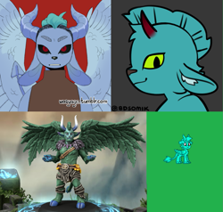 Size: 1197x1140 | Tagged: safe, artist:bdsomik, artist:wasyago, oc, oc only, oc:jaakobah, original species, pony, anthro, pony town, g4, blue fur, blue hair, blue tail, creature, fan made, gray background, green background, hero forge, hooves, horn, male, male oc, meiker, meiker.io, mohawk, ms paint, non-pony oc, picrew, pointed ears, red background, simple background, solo, spread wings, tail, tumblr, wings