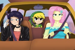 Size: 3693x2475 | Tagged: safe, artist:lennondash, fluttershy, human, hylian, equestria girls, g4, 2d, a goofy movie, angry, anime, annoyed, butterfly hairpin, car, choker, clothes, crossed arms, crossover, dress, driving, earphone jack, elf ears, eyeshadow, female, fluttershy is not amused, frown, goofy movie meme, hairclip, hairpin, hat, jacket, kyoka jiro, leather, leather jacket, link, makeup, male, meme, my hero academia, seatbelt, steering wheel, the legend of zelda, the legend of zelda: the wind waker, toon link, trio, unamused, when she doesn't smile