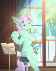 Size: 2160x2732 | Tagged: safe, artist:strafe blitz, oc, oc only, pony, unicorn, beautiful, bow, concave belly, crepuscular rays, ear fluff, eyes closed, flute, horn, indoors, musical instrument, sitting, slender, solo, tail, tail bow, thin, unicorn oc, window