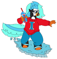 Size: 2235x2295 | Tagged: safe, artist:supahdonarudo, oc, oc only, oc:icebeak, hippogriff, clothes, drink, holding, ice, mascot, pants, simple background, slushie, solo, strap, sunglasses, surfing, sweater, transparent background