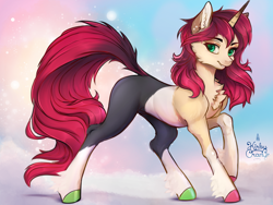 Size: 2000x1500 | Tagged: safe, artist:kirby_orange, oc, oc only, pony, unicorn, beautiful, chest fluff, colored hooves, cute, ear fluff, female, fit, fluffy, gift art, gradient background, green eyes, lacrimal caruncle, looking at you, makeup, mare, mare oc, piercing, pony oc, red hair, ribcage, short hair, slender, solo, thin, two toned mane, wavy hair