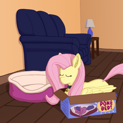 Size: 2160x2160 | Tagged: safe, artist:callichrome, fluttershy, pegasus, pony, g4, behaving like a cat, bell, bell collar, box, cat bell, collar, couch, cute, eyes closed, female, flutterbox, flutterpet, folded wings, if i fits i sits, pet, pet play, pony in a box, pony pet, shyabetes, smiling, solo, wings