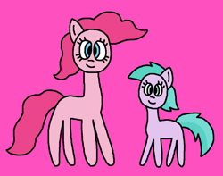 Size: 1107x871 | Tagged: safe, artist:the-rainbow-nigga420, aura (g4), pinkie pie, earth pony, pony, series:my little filly: friendship is magic, g4, 1000 hours in ms paint, aurabetes, background pony, cute, diapinkes, duo, female, filly, foal, mare, ms paint, paint.net, pink background, simple background, smiling