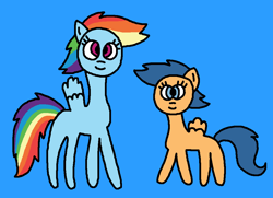 Size: 1032x748 | Tagged: safe, artist:the-rainbow-nigga420, first base, rainbow dash, pegasus, pony, series:my little filly: friendship is magic, g4, 1000 hours in ms paint, adorabase, background pony, blue background, cute, dashabetes, duo, female, filly, foal, mare, ms paint, paint.net, pegasus first base, race swap, rule 63, simple background, smiling