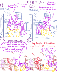 Size: 4779x6013 | Tagged: safe, artist:adorkabletwilightandfriends, spike, twilight sparkle, oc, oc:lawrence, alicorn, comic:adorkable twilight and friends, g4, adorkable, adorkable twilight, bag, bathroom, blushing, bookshelf, card game, clock, clothes, comic, compliment, confident, cute, detailed background, disappointed, dork, flirting, groceries, happy, kitchen, magic, mirror, paper bag, poster, rug, sad, sink, sitting, slice of life, smiling, socks, twilight sparkle (alicorn), upset