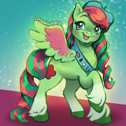 Size: 2400x2400 | Tagged: safe, artist:sparkytopia, scout kindheart, pegasus, pony, g5, adorakindheart, beret, blue eyes, colored sketch, cute, female, filly, foal, green coat, hat, open mouth, sash, signature, sketch, solo, sparkles, spread wings, wings