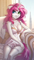 Size: 2200x3847 | Tagged: safe, artist:hakaina, oc, oc only, oc:bubblegum kiss, unicorn, anthro, big breasts, bow, breasts, clothes, couch, female, floppy ears, garter, heterochromia, looking at you, nightgown, smiling, solo